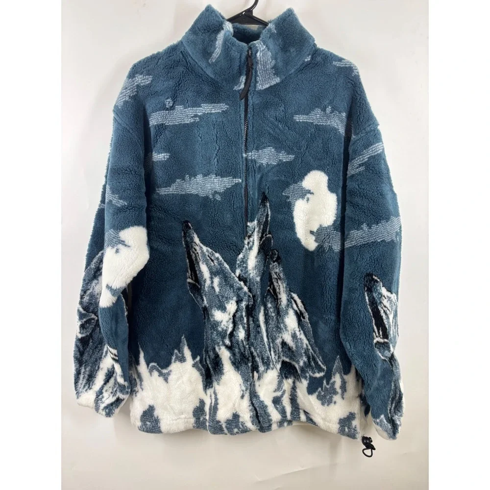 Big Chill Vintage Wolf Fleece Jacket Mens XL Blue Sherpa Full Zip Made in USA‎